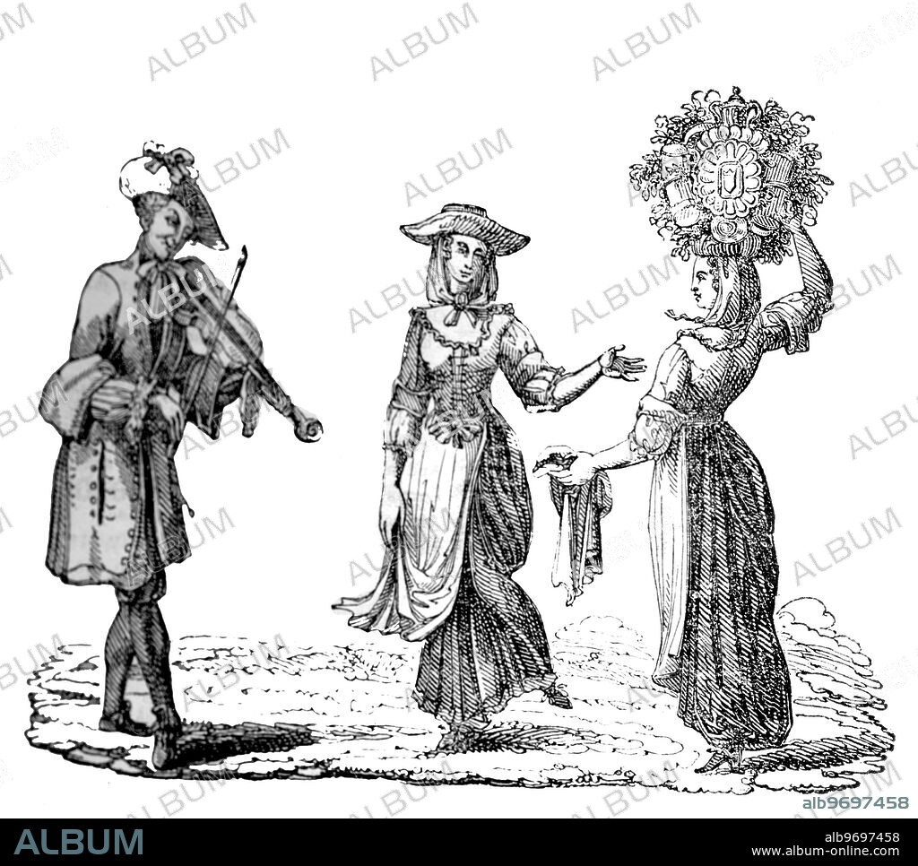 May-Day dance in 1698. This engraving of the milkmaid's garland, and the costume of themselves and their fiddler, at the close of the century before last, is from a print in "Memories, &c. par un Voyageur en Angleterre," an Octavo volume, printed "à la Haye 1698," wherein it is introduced by the author, Henry Mission, to illustrate a passage descriptive of the amusements of London at that time.