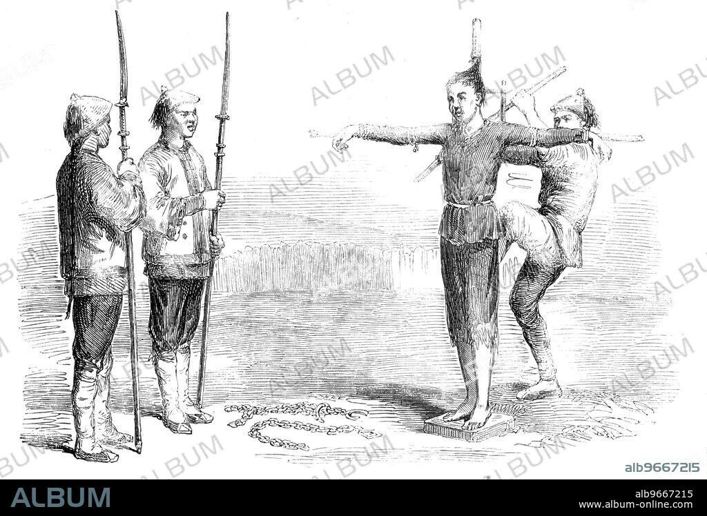 Garotting a Chinese Criminal - from a drawing by a Chinese artist, 1857. 'The penal code of China...is marked by great barbarity. The punishments are in general most cruel, and ill proportioned to the crimes for which they are inflicted: for the slightest offence a mandarin is degraded, banished, and even deprived of all property. [The iIllustration is]...selected from a series of beautifully-executed drawings in colours, upon rice- paper, in a small folio volume, which has been obtained in Canton by an officer of the Hon. East India Company's Service...[It shows] the Garotte, with which, partly through "ticket-of-leave " experiments, the people of this country have of late become acquainted. The Chinese infliction is a terrible torture...the criminal is seen attached to a cross by cords, which the executioner gradually tightens by means of a lever till the blood gushes from the eyes, nose, ears, and mouth of the culprit'. From "Illustrated London News", 1857.