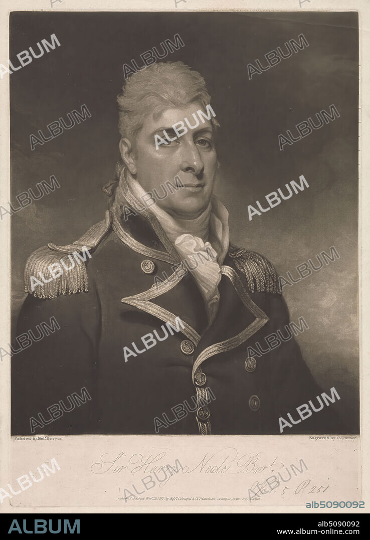 Sir Harry Burrard-Neale, 2nd Baronet, Charles Turner, 17741857, British, after Mather Brown, 17611831, American, active in Britain, 1812, Mezzotint on medium, slightly textured, cream, wove paper, with cream chine colle, Sheet: 14 9/16 × 10 1/2 inches (37 × 26.7 cm), Plate: 14 × 10 inches (35.6 × 25.4 cm), Chine collé: 13 7/8 × 9 3/4 inches (35.2 × 24.8 cm), and Image: 11 15/16 × 9 13/16 inches (30.3 × 24.9 cm).