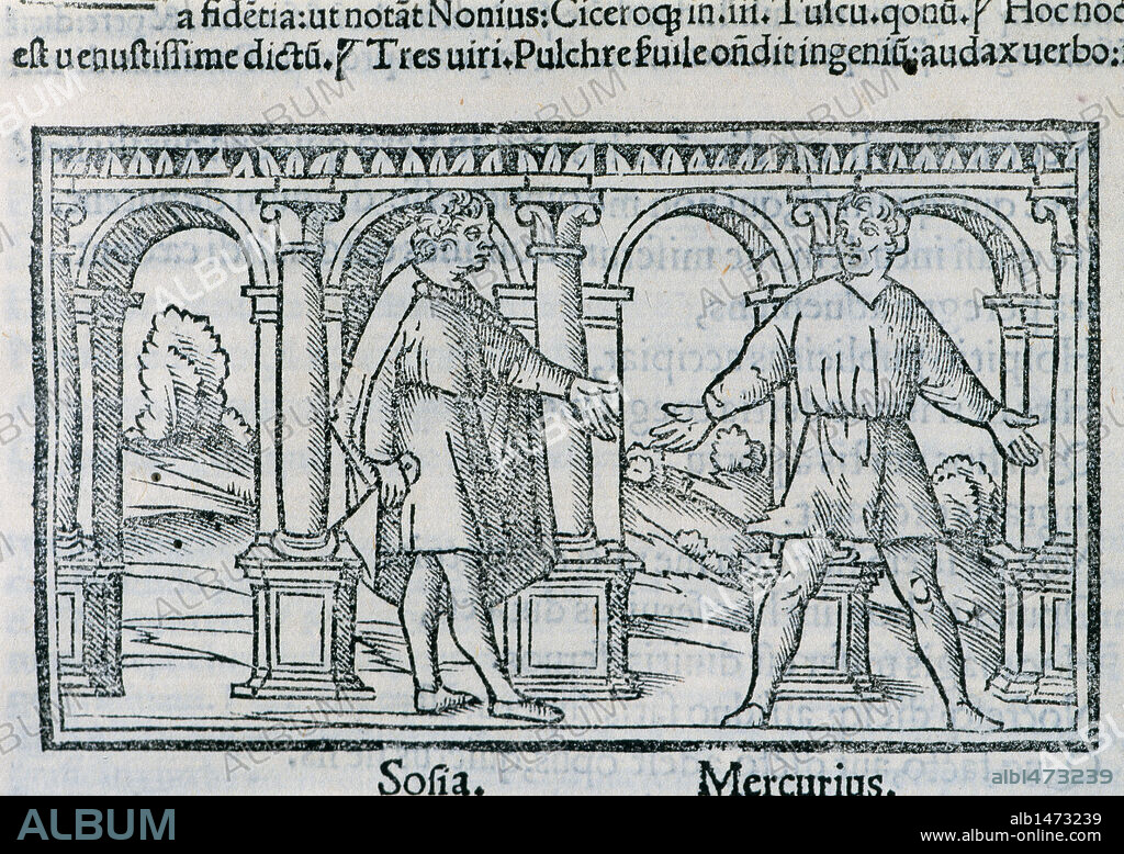 Titus Maccius Plautus (250-184). Latin playwright. Amphitryon. Act I. Sofia and Mercurius. Engraving. 1518.