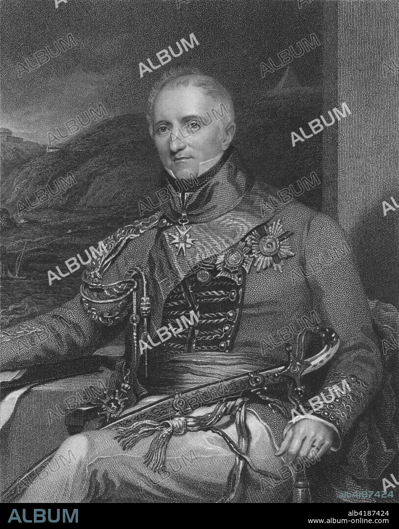 'Lieutenant General Sir Rufane Shawe Donkin, K.C.B. & G.C.H.', 1841. Portrait of Sir Rufane Shaw Donkin (1773-1841), British soldier and colonial administrator. Donkin went to the Cape of Good Hope in South Africa on sick leave after the death of his young wife. He named the rising seaport of Algoa Bay Port Elizabeth in memory of her. He committed suicide in 1841.