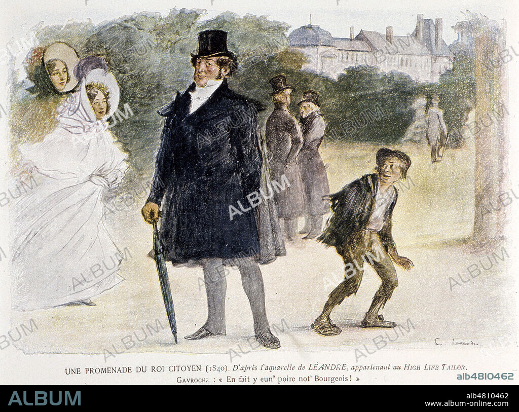 'Une promenade du roi citoyen (1840). Gavroche : En fait y eun' poire not' Bourgeois !'. Illustration par LEANDRE (1862-1934) tiree du catalogue High Life Tailor, en 1899. Credit : Collection KHARBINE-TAPABOR.