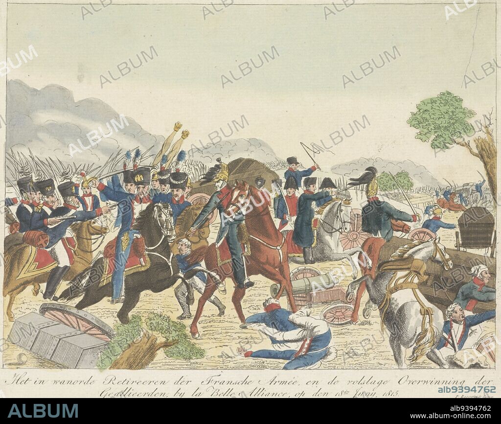 The chaotic retreat of the French army after the victory of the Allies at the Battle of Waterloo on June 18, 1815. In front fleeing to the right rides Napoleon with his adjutants, Retreat of the French Army, 1815 The Disordered Retreat of the French Army, and the Complete Victory of the Allies, at la Belle Alliance, on den 18den Junij, 1815 , print maker: anonymous, publisher: P. Boscetti et Comp., (mentioned on object), Netherlands, 1815, paper, etching, h 197 mm × w 242 mm.