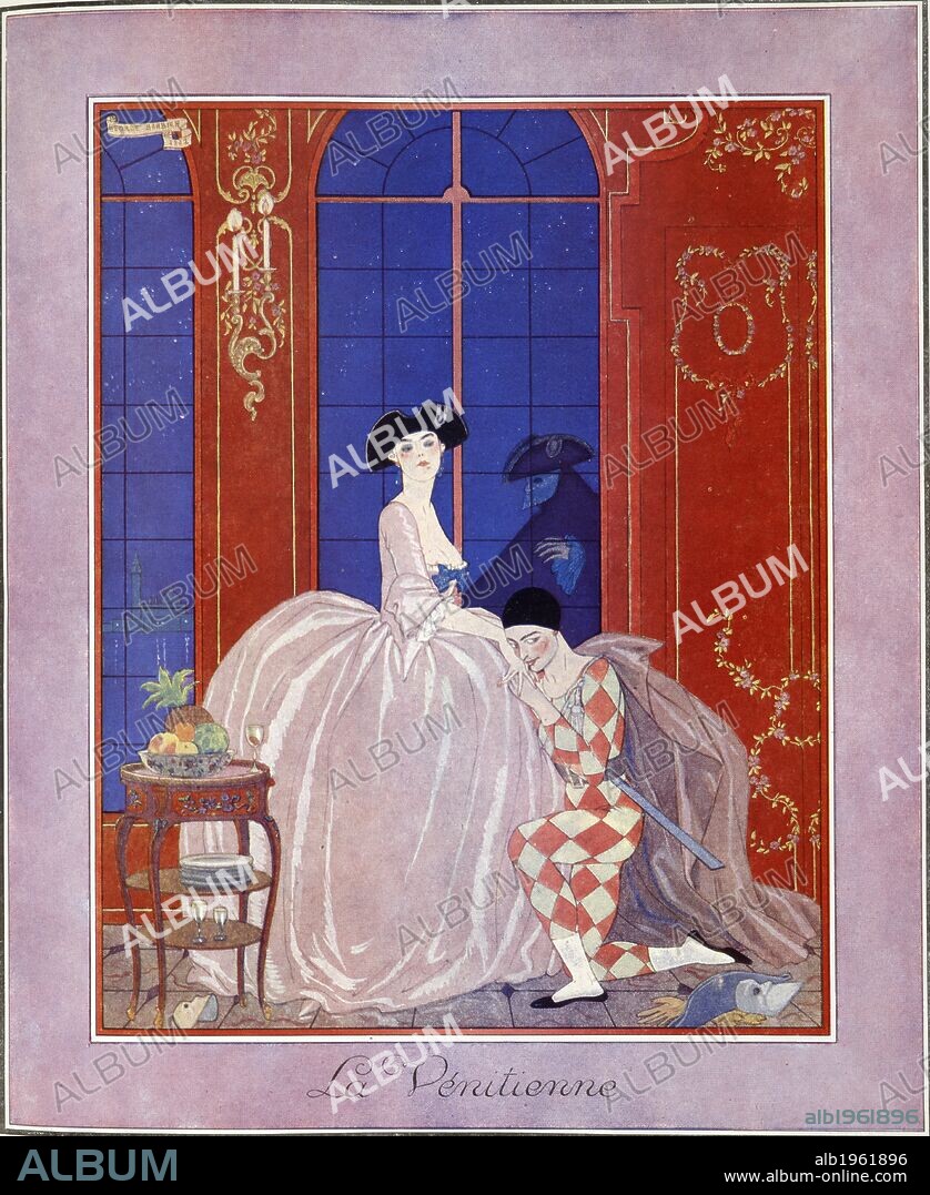 GEORGE BARBIER. La VÃ©nitienne. L'illustration. 25/12/1921. Colour illustration. Fashion and costume. Source: L'illustration, page 37. Language: French.