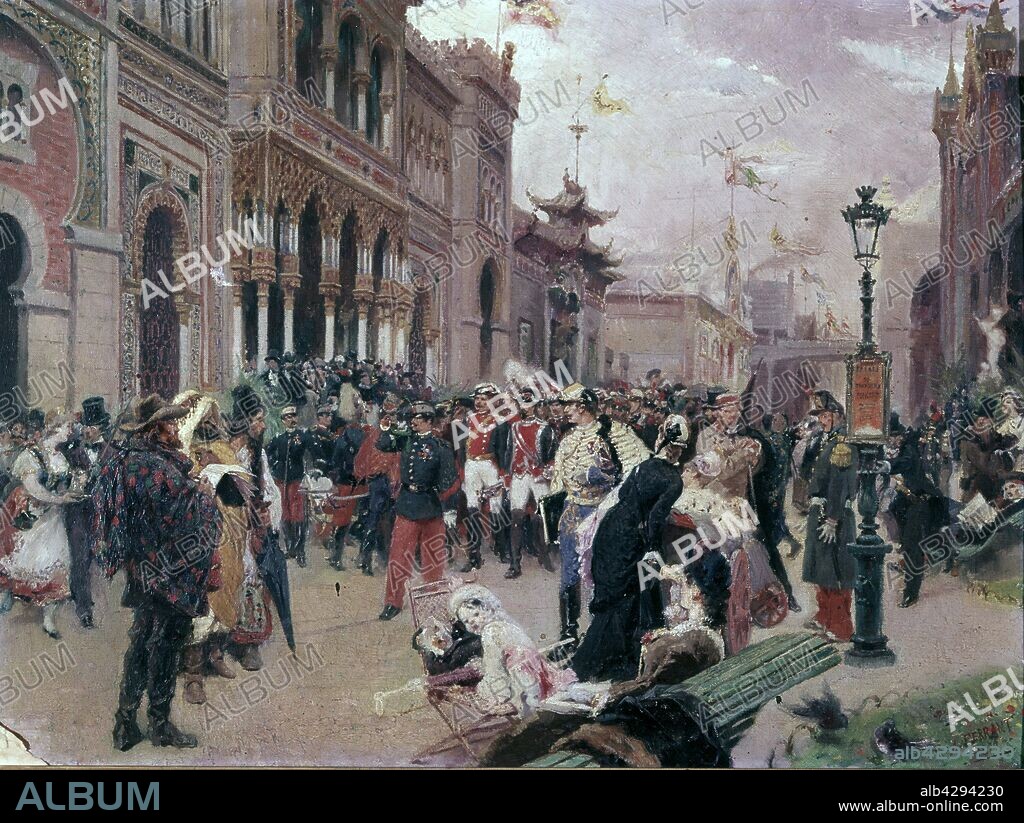 ALEJANDRO FERRANT (1843-1917). FERRANT, ALEJANDRO   PINTOR ESPAÑOL. MADRID 1843-1917 "SOLDADOS ESPAÑOLES DESFILAN ANTE EL PABELLON ESPAÑOL DE LA EXPOSICION UNIVERSAL DE PARIS, AÑO 1879" OLEO SOBRE LIENZO.