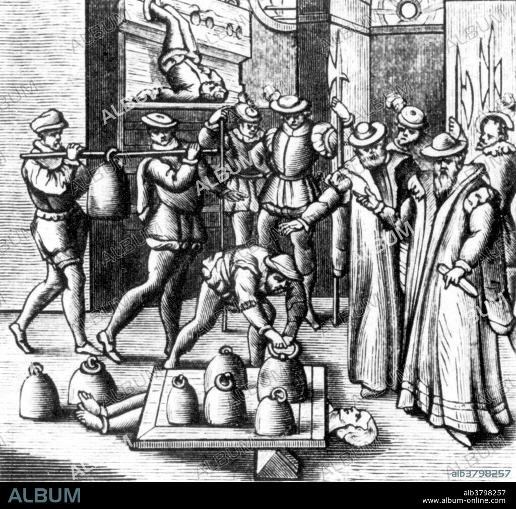 Peine forte et dure (hard and forceful punishment) was a method of torture formerly used in the common law legal system, in which a defendant who refused to plead would be subjected to having heavier and heavier stones placed upon his or her chest until a plea was entered, or the defendant died. Many defendants charged with capital offenses would refuse to plead in order to avoid forfeiture of property. If the defendant pleaded either guilty or not guilty and was executed, their heirs would inherit nothing. If they refused to plead their heirs would inherit their estate, even if they died in the process. The procedure was recorded by a 15th century witness: "He will lie upon his back, with his head covered and his feet, and one arm will be drawn to one quarter of the house with a cord, and the other arm to another quarter, and in the same manner it will be done with his legs; and let there be laid upon his body iron and stone, as much as he can bear, or more..." Peine forte et dure was abolished in Great Britain in 1772, with the last known actual use of the practice having been in 1741. Torture is the act of deliberately inflicting physical or psychological pain in order to fulfill some desire of the torturer or compel some action from the victim. Woodcut from unknown source, 1500s.