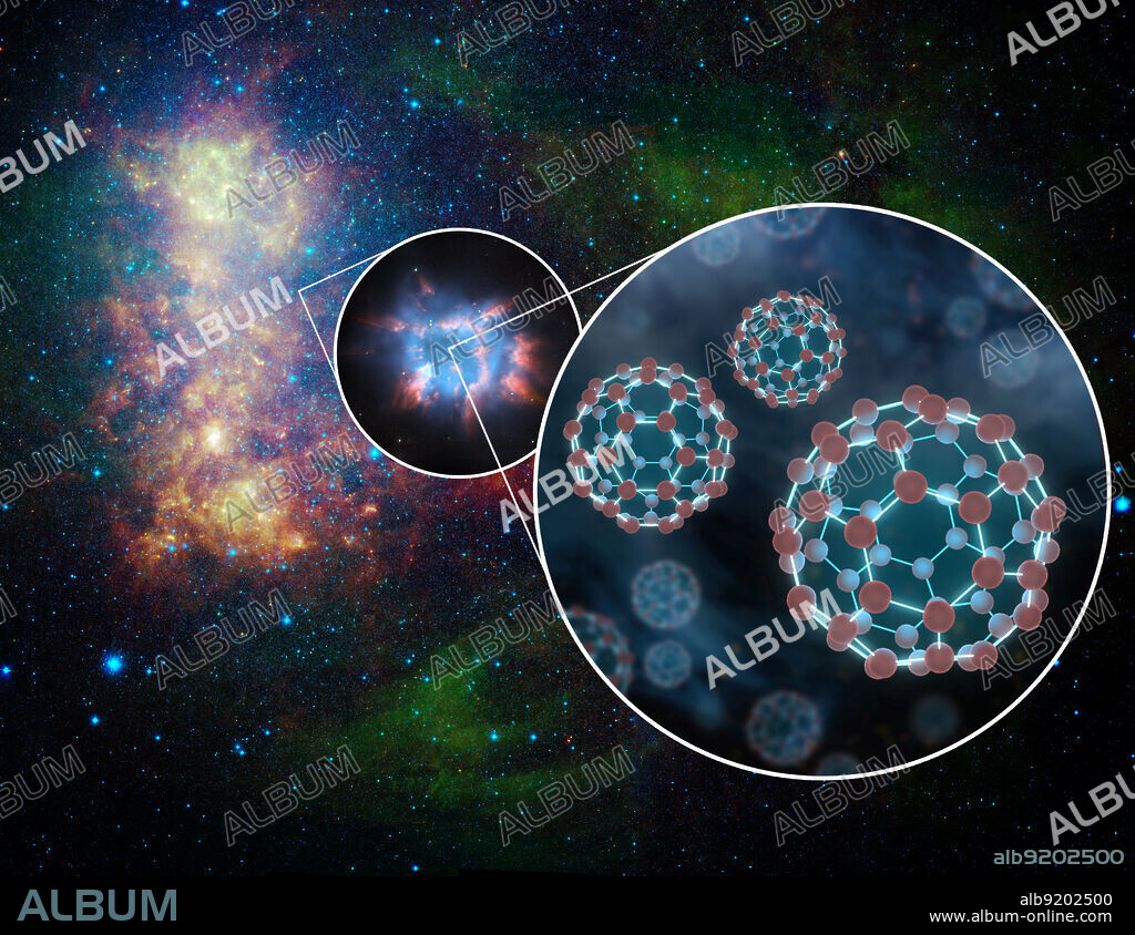 For the first time, NASA's Spitzer Space Telescope has detected little spheres of carbon, called buckyballs, in a galaxy beyond our Milky Way galaxy. The space balls were detected in a dying star, called a planetary nebula, within the nearby galaxy, the Small Magellanic Cloud. What's more, huge quantities were found -- the equivalent in mass to 15 of our moons. An infrared photo of the Small Magellanic Cloud taken by Spitzer is shown here in this artist's illustration, with two callouts. The middle callout shows a magnified view of an example of a planetary nebula, and the right callout shows an even further magnified depiction of buckyballs, which consist of 60 carbon atoms arranged like soccer balls. In July 2010, astronomers reported using Spitzer to find the first confirmed proof of buckyballs. Since then, Spitzer has detected the molecules again in our own galaxy -- as well as in the Small Magellanic Cloud.