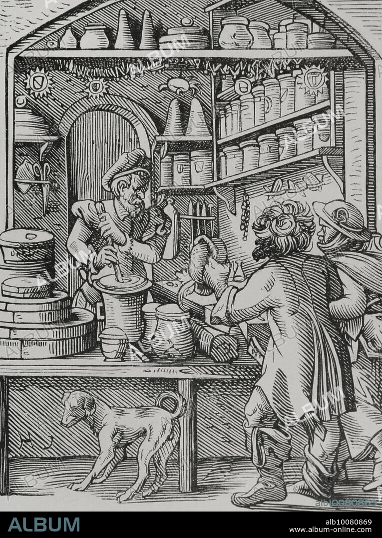 The Apothecary. Reproduction of a 16th-century engraving by Jost Amman. "Moeurs, usages et costumes au moyen-âge et à l'époque de la Renaissance", by Paul Lacroix. Paris, 1878.