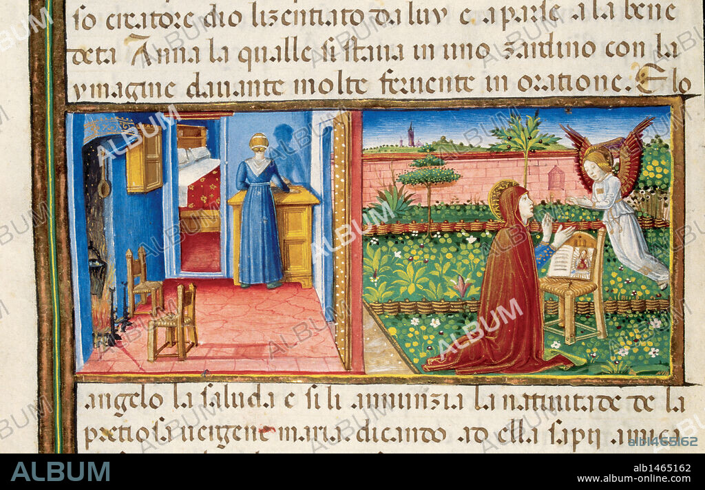 "ANUNCIAMIENTO DEL ANGEL A ANA". Página miniada del CODICE DE PREDIS. Renacimiento-Quattrocento (s. XV). Biblioteca Real. Turín. Italia.