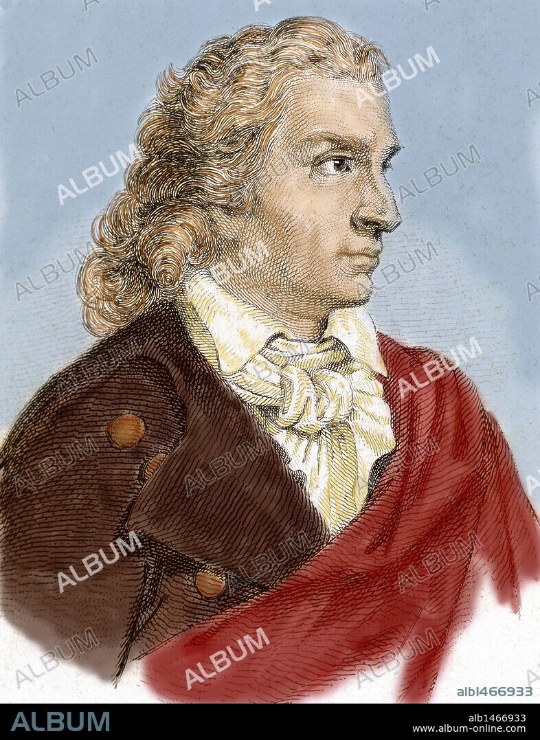 SCHILLER, Friedrich von (Marbach, Württemburg, 1759-Weimar, 1805). Poeta y dramaturgo alemán. De entre sus obras destacan, "Oda a la Alegría" (1785), "Don Carlos" que marca el nacimiento del clasicismo, "Maria Estuardo" (1800) y "Guillermo Tell" (1804), entre otras. Grabado coloreado del siglo XIX.