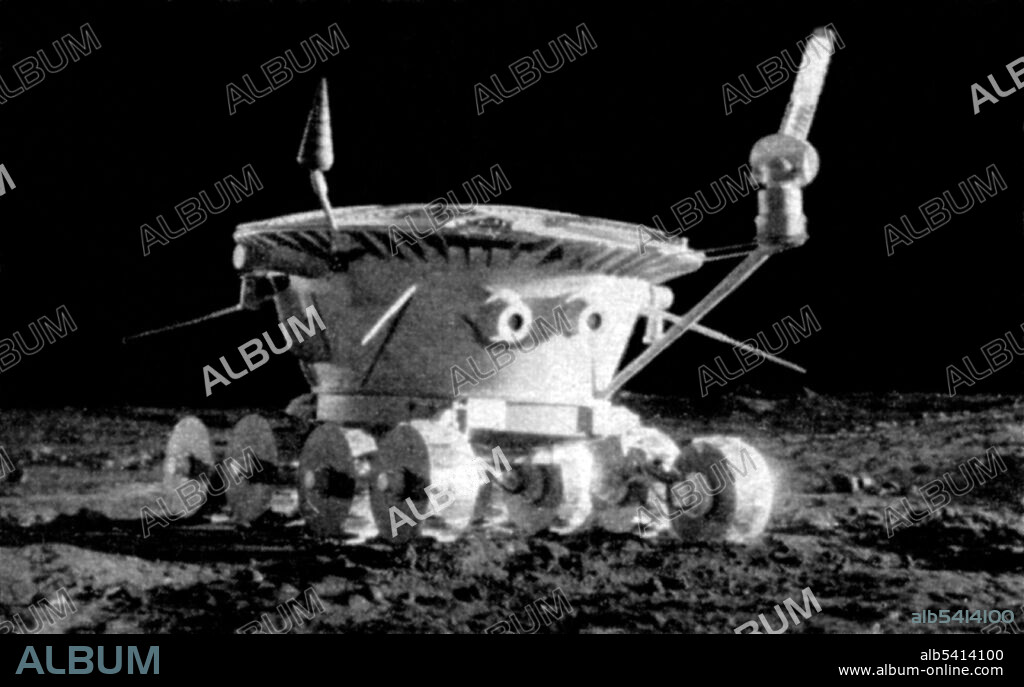 On November 17, 1970, the robotic lunar rover, Lunokhod 1, landed on the moon.  For the next 10 months the rover was driven by operators in the Soviet Union, with the total distance traveled exceeding 10 km. The rover was driven by solar power during the day; at night it parked and relied on thermal energy from a polonium-210 radioisotope heater to survive the cold (-150°C). The rover was about 7.5 ft long and 5 ft tall. The rover sent back valuable data concerning the composition of the soil, close up views of the topography, and important engineering measurements of the regolith. No photographer credited, undated (cropped and cleaned).