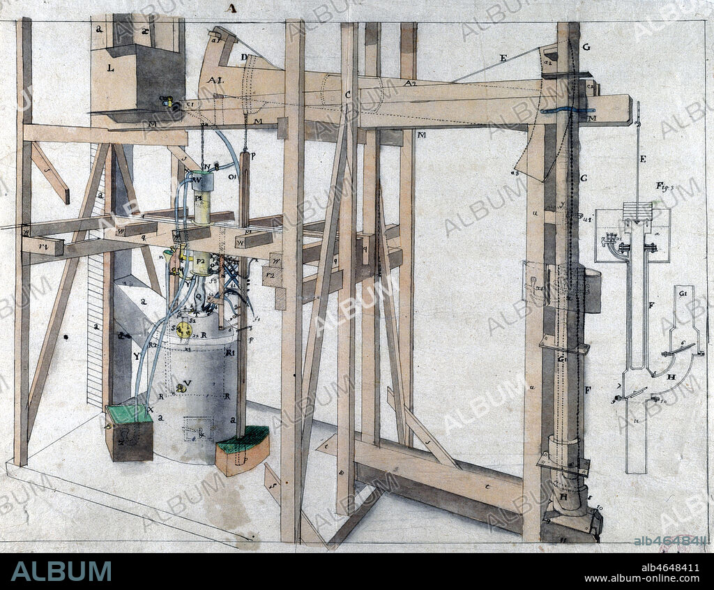 Machine a vapeur de Thomas NEWCOMEN (1664-1729) Pompe a eau ou pompe a feu . Illustration vers 1730. Credit : Collection SSPL/KHARBINE-TAPABOR.