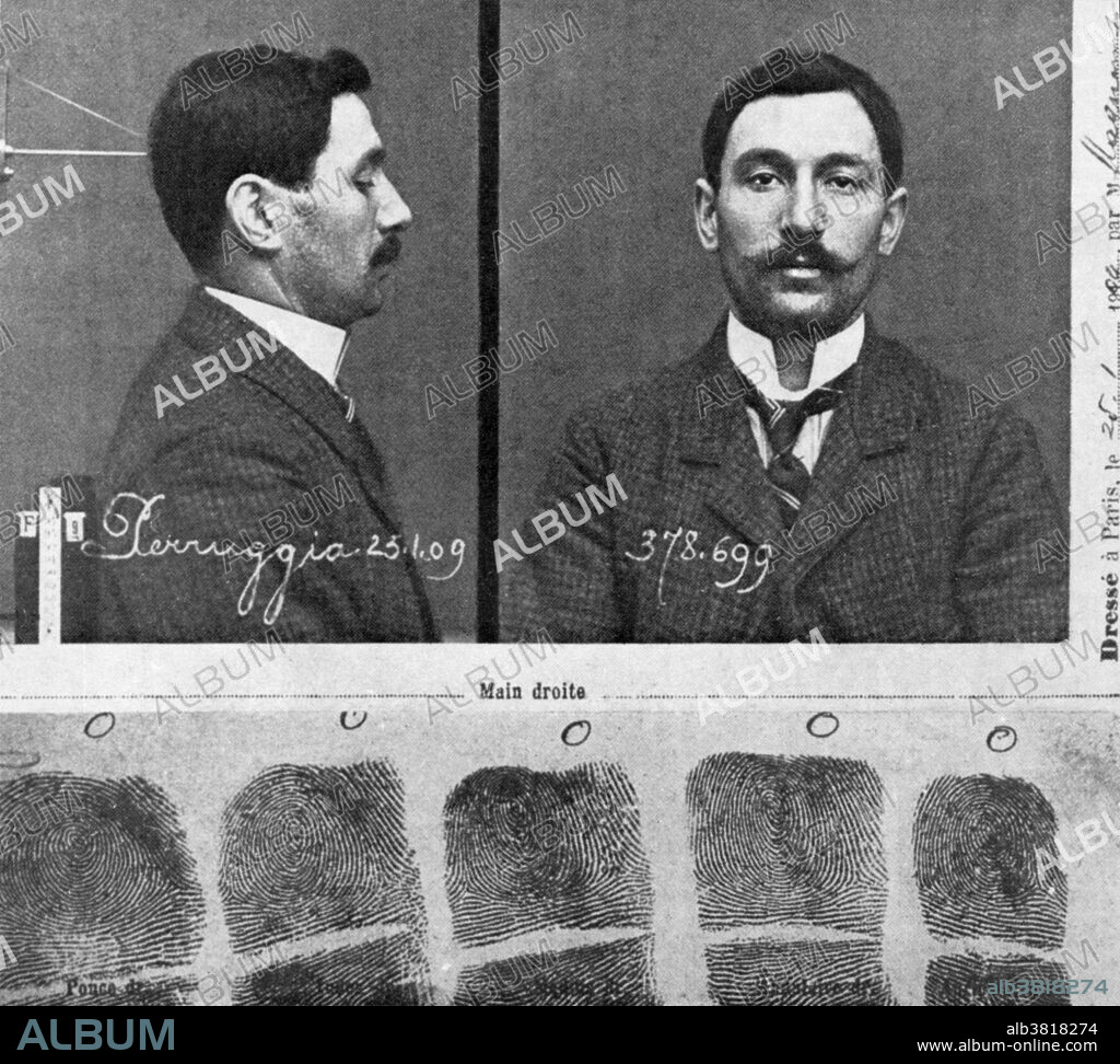 Mug shot and fingerprints of Vincenzo Peruggia (1881-1925), an Italian museum worker who stole the Mona Lisa from the Louvre in Paris, France, on 21 August 1911.  He kept it under his bed and on his kitchen table for two years before trying to sell it to an Italian antique dealer, with the patriotic hope of bringing the painting "home" to Italy.  He wrongly believed that the painting had been stolen by Napoleon; in fact, it had been legally purchased by King Francois I, Leonardo Da Vinci's final patron.