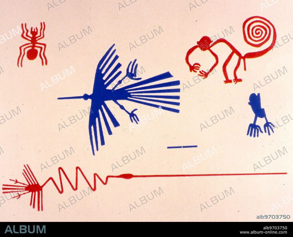 Nazca Lines. Peru. Representation of Nazca sand drawings of a monkey, spider and birds. Drawn to a scale of 100ft.