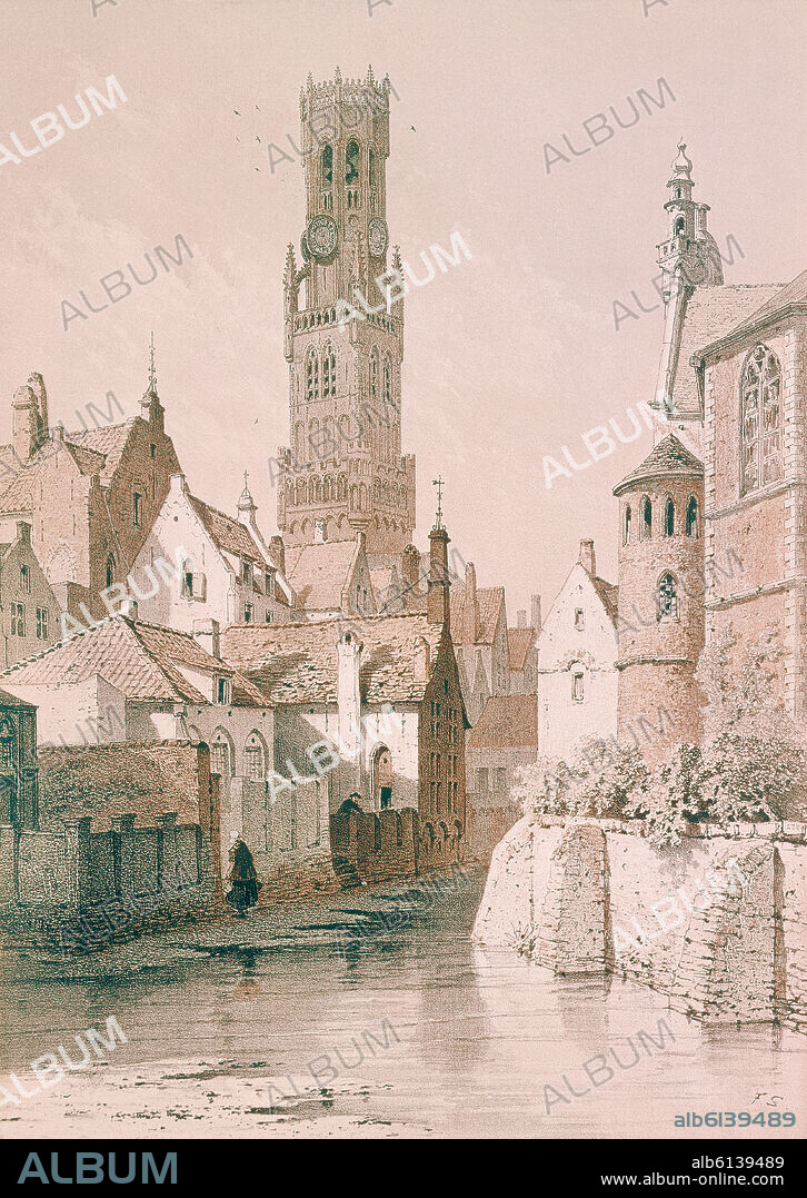 AUTOR LIBRE 01307. GRABADO-TORRE DE LES HALLES EN BRUJAS(BELGICA).
