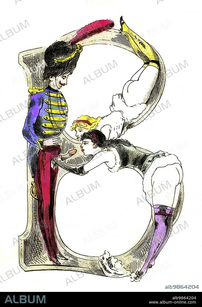 Letter B, The Erotic Alphabet, Sex, Oral Sex, Man with Two Women, Frivolous Victorian Erotic Illustrations, circa 1850, England, Historical, Digitally enhanced reproduction of a 19th century original