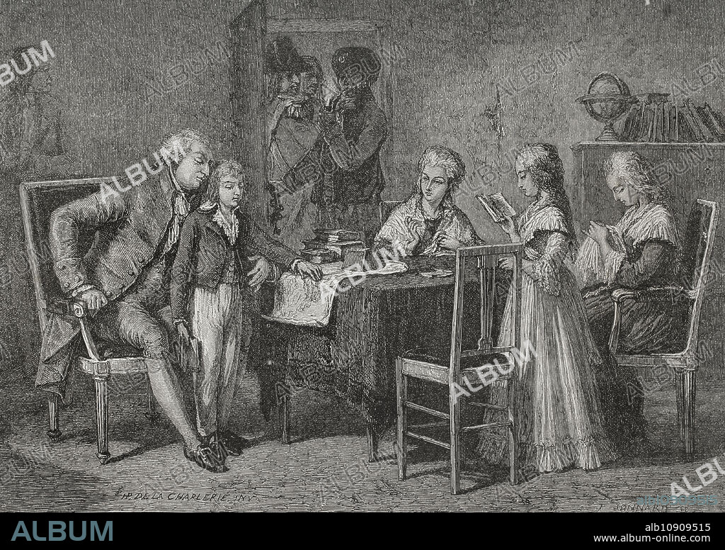 HIPPOLYTE DE LA CHARLERIE (1827-1869). BELGIAN ARTIST.. French Revolution. On 13 August 1792 King Louis XVI (1754-1793) and the royal family were taken prisoners at the Temple in Paris. Occupations of the royal family in the Temple prison. Drawing by Hippolyte de la Charlerie. Engraving by Jonnard. "History of the French Revolution". Volume I, 1876.