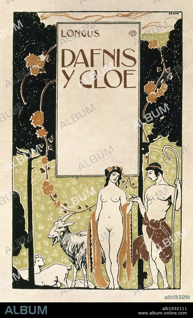 LONGO (Lóggos) (s. III a. C.). Escritor griego que compuso la novela pastoril "AMORES DE DAFNIS Y CLOE". "DAFNIS Y CLOE". Portada. Dibujo de J. TRIADÓ (1906). Biblioteca de Cataluña. Barcelona.