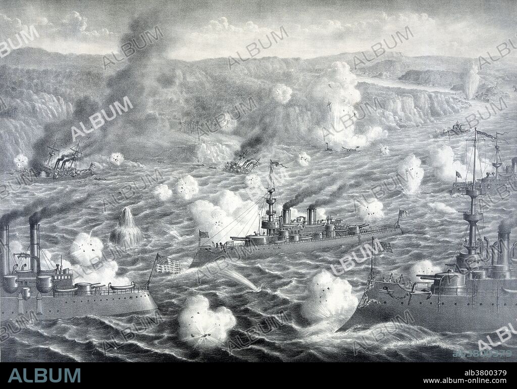 Entitled: "Destruction of Admiral Cervera's Spanish fleet off Santiago de Cube." The Battle of Santiago de Cuba, fought between Spain and the US on July 3, 1898, was one of the key naval engagements of the Spanish-American War, which resulted in the destruction of the Spanish Navy's Caribbean Squadron. Vizcaya, was locked in a running gun duel for nearly an hour with Brooklyn. Almost none of the Spaniards' nearly 300 shots caused significant damage, while Brooklyn pounded Vizcaya with effectiveness. Vizcaya continued the fight until overwhelmed, and by the end of the engagement she had been struck as many as 200 times by the fire from Brooklyn and Texas. Brooklyn had closed to within 950 yards when she finally delivered a 8 in (200 mm) round which, according to witnesses, may have detonated a torpedo being prepared for launch. A huge explosion ensued, Vizcaya ceased to be militarily effective, and fires raged out of control. She hauled down her flag and turned toward the beach to ground herself.