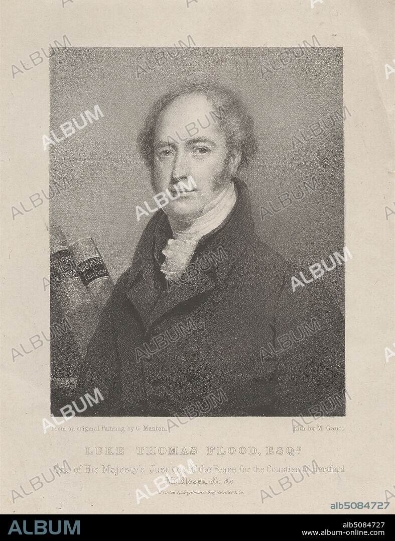 Luke Thomas Flood, Justice of the Peace, M. Gauci, 18101846, after unknown artist, (G. Manton), Published by Godefroy Engelmann, 17881839, French, undated, Lithography on moderately thick, slightly textured, cream wove paper with gray chine collé, Sheet: 12 x 9 7/16 inches (30.5 x 24 cm), Sheet: 8 7/16 x 6 1/2 inches (21.4 x 16.5 cm), and Image: 6 x 4 13/16 inches (15.3 x 12.2 cm), books, collar, cravat, gaze, government, judge, justice of the peace, lawyer, man, portrait, posing, solemn, thoughtful.