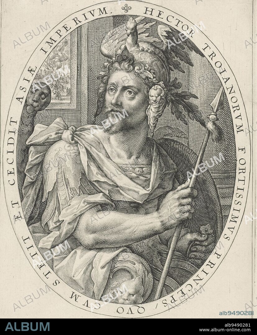 The hero of classical antiquity Hector of Troy. In the background the capture of Troy. The scene is framed in an oval with an edge inscription in Latin. In the margin a caption in Latin praising Hector. Print from a series of nine, Hector of Troy The Nine Heroes (series title)., print maker: Crispijn van de Passe (I), (mentioned on object), Crispijn van de Passe (I), (mentioned on object), publisher: Crispijn van de Passe (I), (mentioned on object), unknown, 1574 - 1637, paper, engraving, h 264 mm × w 193 mm.