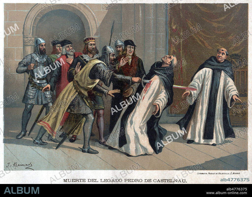 Meurtre de Pierre de CASTELNAU (1170-1208), legat du pape INOCENT III par un ecuyer du comte de TOULOUSE (declenchant la croisade contre les Albigeois). Illustration de Juan ALAMINOS pour Historia de Espana vers 1885. Credit : Coll. Jonas/Kharbine-Tapabor.