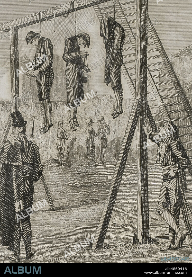 Guerra de los Agraviados o Malcontents. Tuvo lugar entre marzo y septiembre de 1827 mayoritariamente en territorio catalán, en contra de la política demasiado liberal por parte del gobierno de Fernando VII. Eran partidarios de las ideas absolutistas de Carlos María Isidro de Borbón, hermano de Fernando VII. Ejecuciones en la ciudadela de Barcelona. Ilustración por Urrabieta. Grabado por J. Nicolau. Detalle. Historia de Cataluña y de la Corona de Aragón, por Victor Balaguer. Barcelona,1863.
