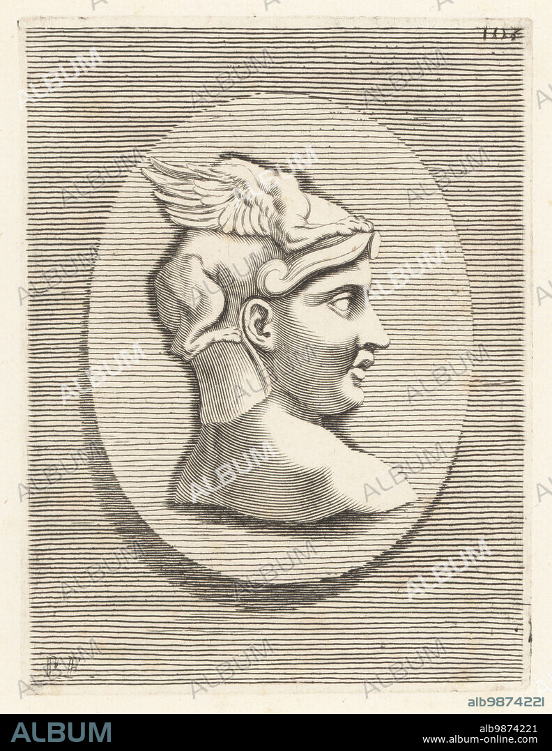 Bust of a male figure wearing a helmet decorated with an Egyptian sphinx, the body of a lion and wings of an eagle. Copperplate engraving by Etienne Picart after Giovanni Angelo Canini from Iconografia, cioe disegni d'imagini de famosissimi monarchi, regi, filososi, poeti ed oratori dell' Antichita, Drawings of images of famous monarchs, kings, philosophers, poets and orators of Antiquity, Ignatio deLazari, Rome, 1699.