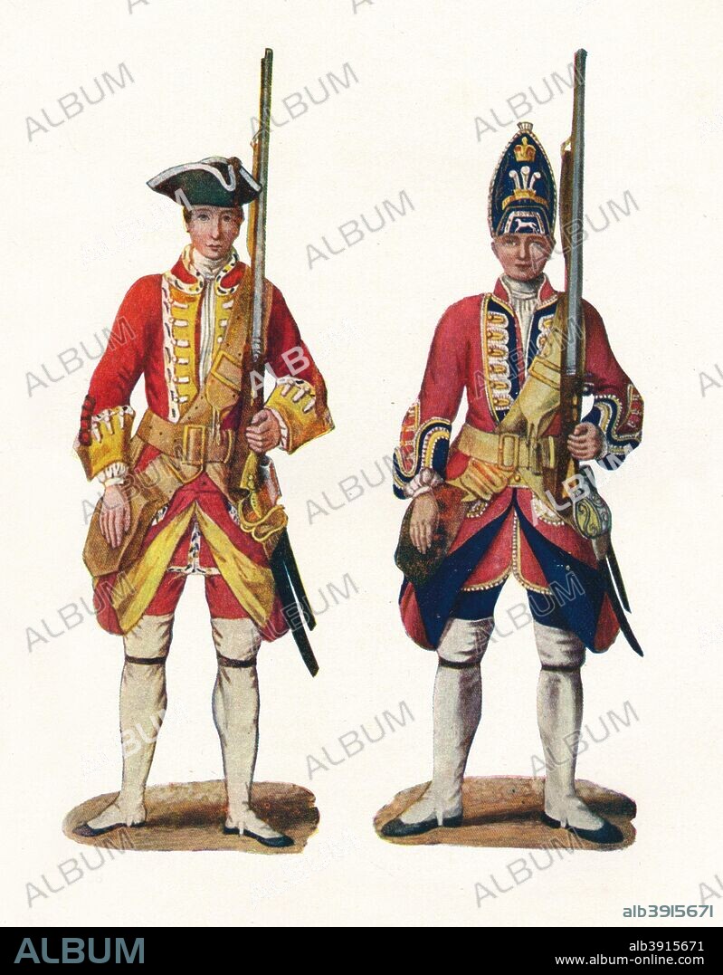 'Uniforms by the British Army, 1742', 1904. From Social England, Volume V, edited by H.D. Traill, D.C.L. and J. S. Mann, M.A. [Cassell and Company, Limited, London, Paris, New York & Melbourne, 1904].