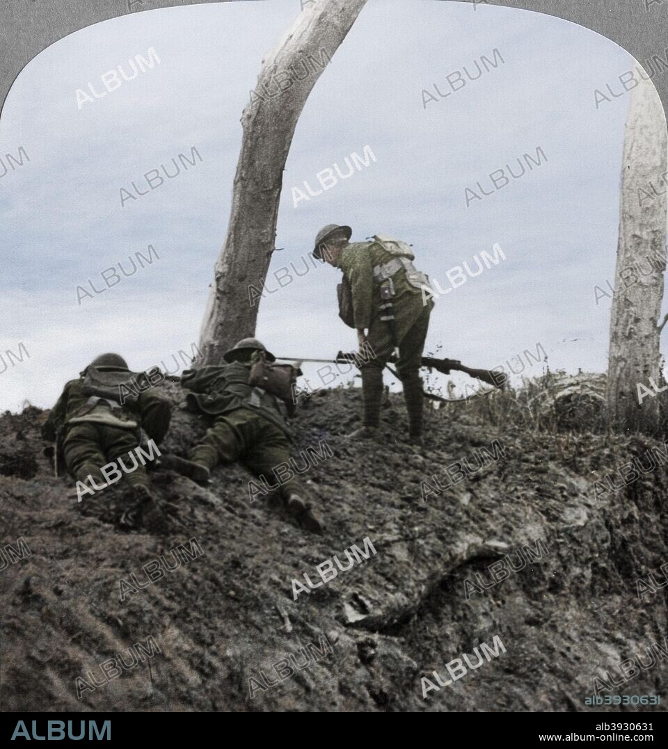 Battle of Polygon Wood, near Ypres, Flanders, Belgium, World War I, September 1917. British North Country troops attacking a German lair. The Battle of Polygon Wood was part of the larger Third Battle of Ypres (Battle of Passchendaele). Stereoscopic card. Detail. (Colorised black and white print).