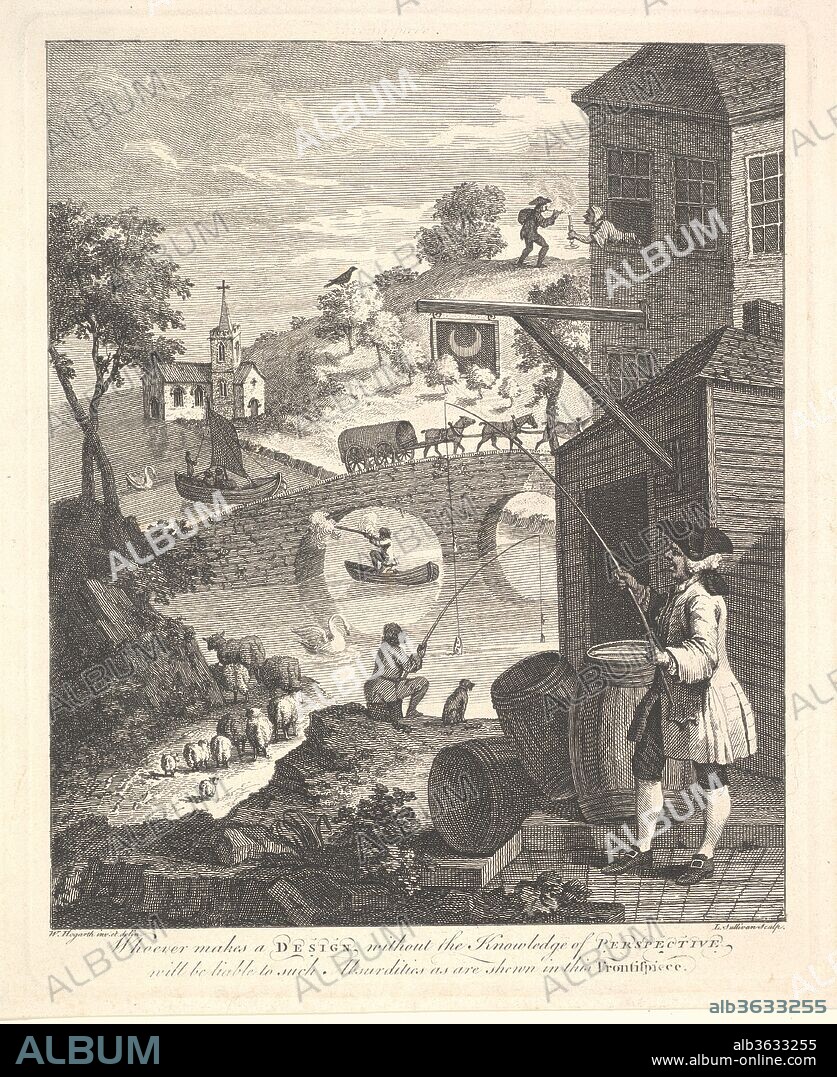 Satire on False Perspective: Frontispiece to "Kirby's Perspective". Artist: After William Hogarth (British, London 1697-1764 London). Dimensions: image: 8 1/8 x 6 13/16 in. (20.6 x 17.3 cm)
plate: 8 7/8 x 7 1/4 in. (22.6 x 18.4 cm)
sheet: 9 3/8 x 8 in. (23.8 x 20.3 cm). Engraver: Luke Sullivan (Irish, 1705-1771 London). Subject of book: Related to book by Joshua Kirby (British, Parham, Suffolk 1716-1774 Kew Green, Surrey). Date: February 1754.