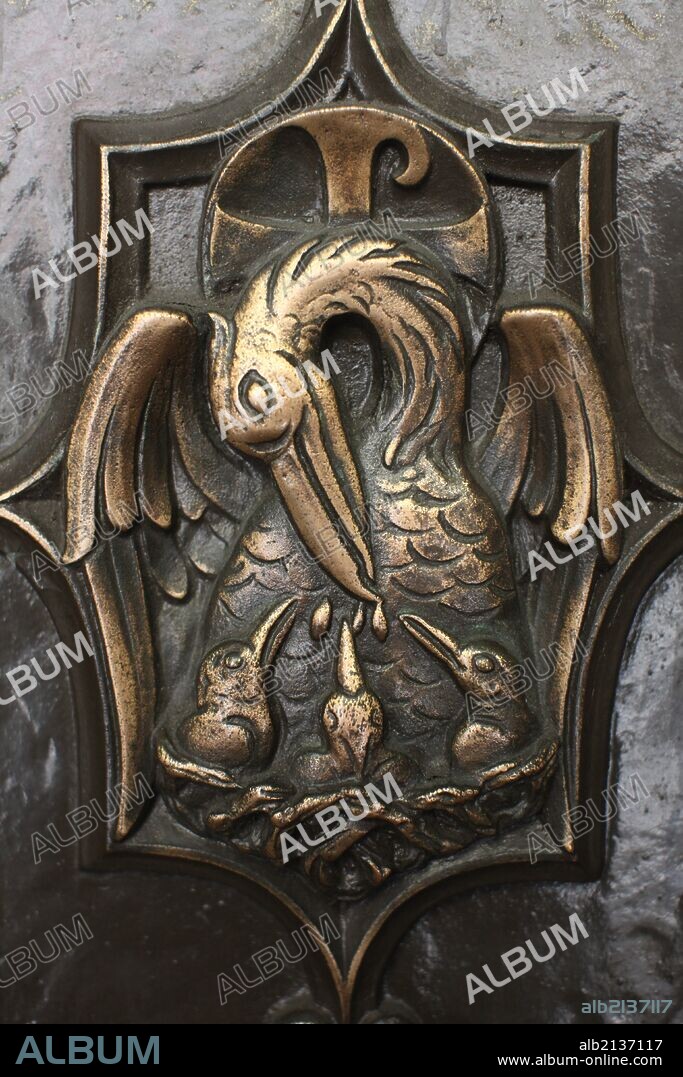 Saint Patrick's Cathedral. Detail of the cathedral's entrance. The pelican, symbol of the Passion of Jesus and of the Eucharist.