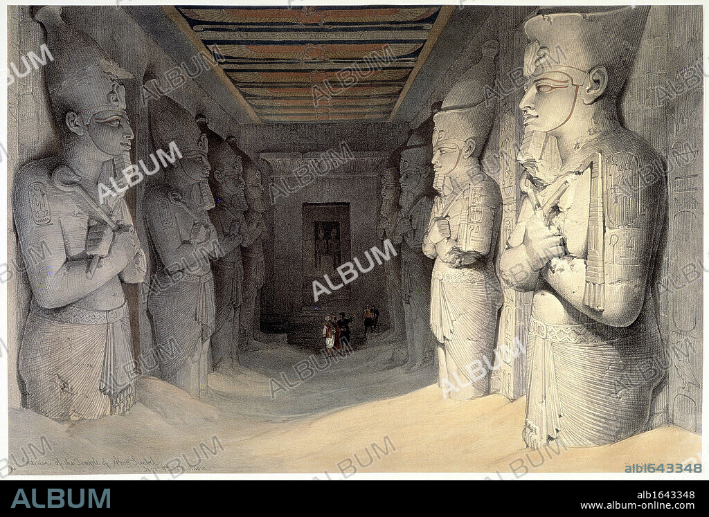 Giant limestone statues of Ramses II (Rameses - 1304-1237 BC) holding the crook and the flail, symbols of kingship, Temple of Ramses, Abu Simbel (Simbul). On left each statue has cartouche for Rameses carved on shoulder. From watercolour by Scottish artist David Roberts (1796-1864) dated 9 November 1936.