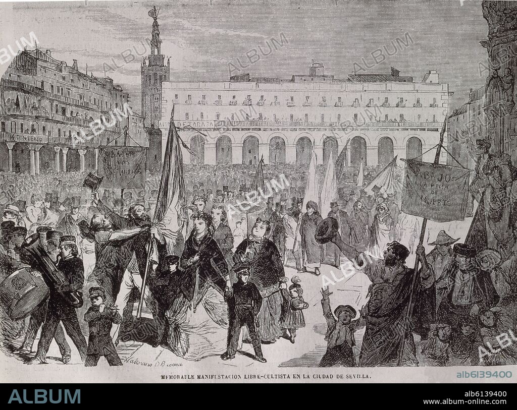 GRABADO-MANIFESTACION LIBRECULTISTA EN SEVILLA-21/3/1869-P83.