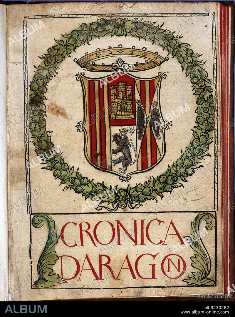Xylographic color cover with a large coat of arms of Aragon from 'Crónica de Aragón' (Chronicle of Aragon). First Castilian edition with Gothic lettering. Printed in Valencia by Juan Gofré in 1524.