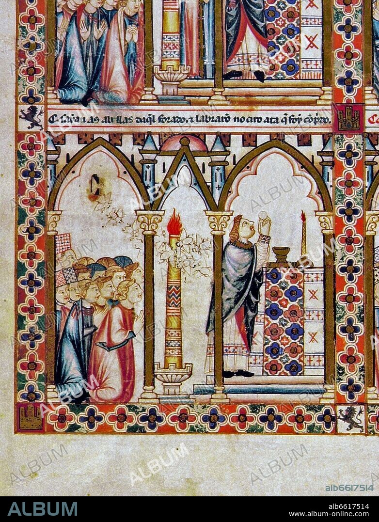 ALFONSO X DE CASTILLA EL SABIO. MS.B.R.20- CANTIGA STA MARIA-F121V-E-ENJAMBRE DE TABANOS EN UNA IGLESIA-MINIATURA S XIII.