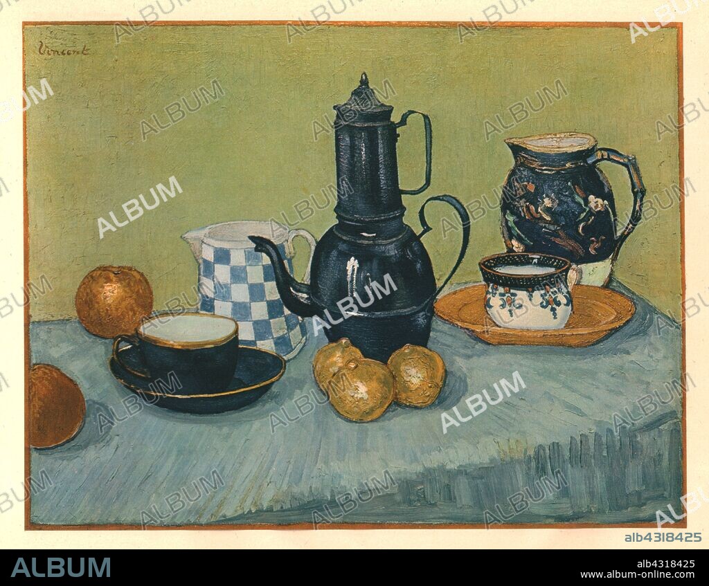 'Still Life with Blue Enamel Coffeepot, Earthenware and Fruit', May 1888, (1947). Painting in a private collection. From "Vincent Van Gogh", by Ludwig Goldscheider and Wilhelm Uhde. [Phaidon Press Ltd, Oxford and London, 1947].