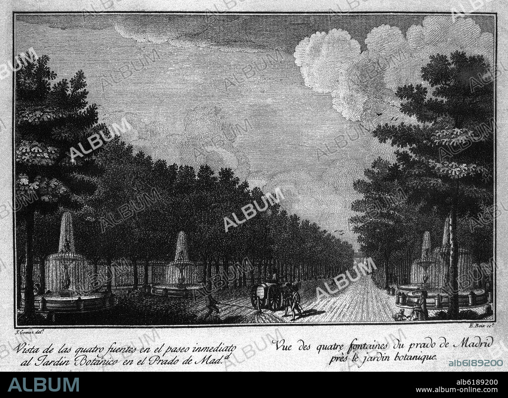 JOSE GOMEZ DE NAVIA (1757-1815) GRABADOR. VISTA DE LAS CUATRO FUENTES EN EL PASEO INMEDIATO AL JARDIN BOTANICO EN EL PRADO DE MADRID - GRABADO SIGLO XIX.