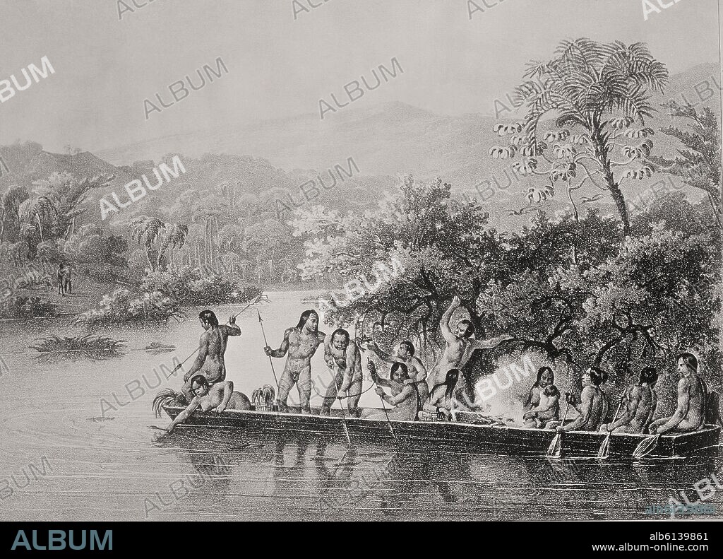 GRABADO-CANOA DE INDIOS DE BRASIL- AMAZONAS.