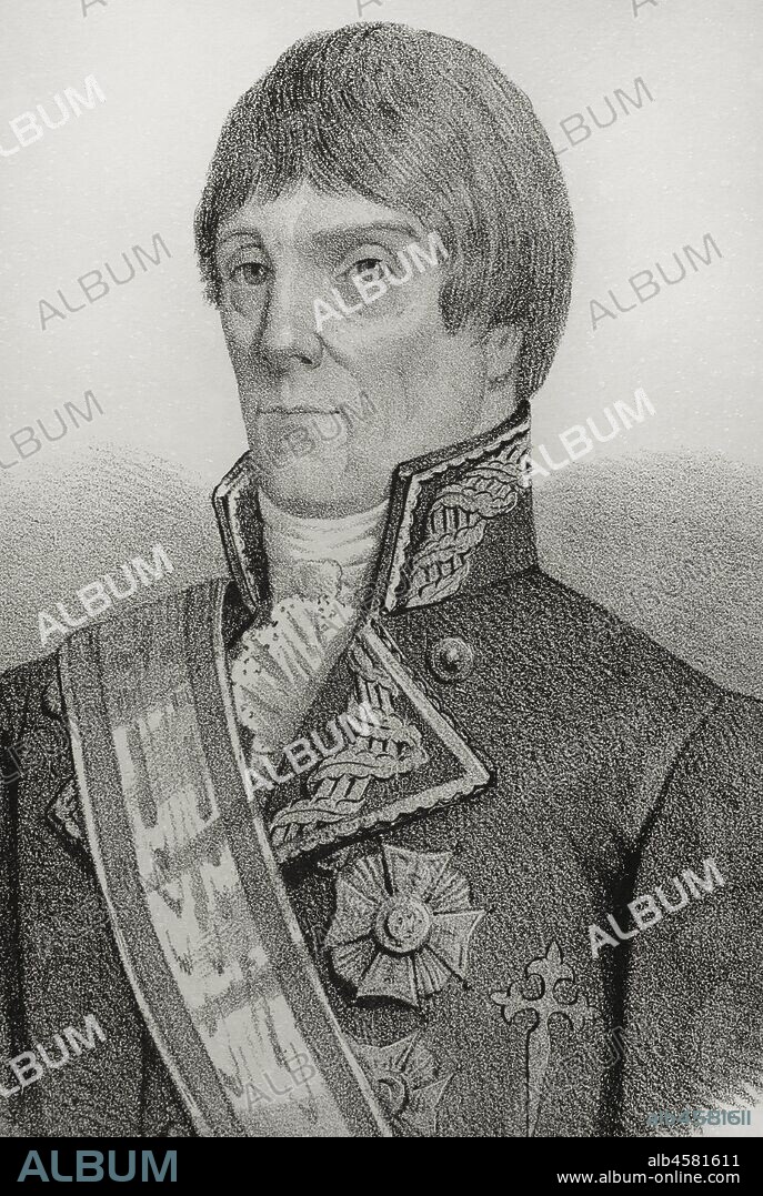 Francisco Alcedo y Bustamante (1758-1805). Capitán de navío de la Real Armada, de origen cántabro. Participó en la Batalla de Trafalgar al mando del navío Montañés, donde encontró la muerte. Dibujo por Llanta. Detalle. Litografía. Crónica General de España, Historia Ilustrada y Descriptiva de sus Provincias. Castilla-La Vieja,1870. Biblioteca Histórico Militar de Barcelona, Cataluña, España.
