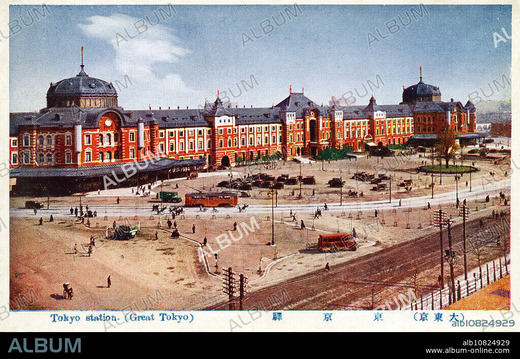 [ 1930s Japan - Tokyo Station ] Tokyo Station, located in the Marunouchi business district of Tokyo, near the Imperial Palace grounds and the Ginza commercial district. The building was designed by architect Kingo Tatsuno (, 18541919) to celebrate Japans victory in the Russo-Japanese War. The station was completed on December 18, 1914 (Taisho 3), and opened on the 20th. From a series called Great Tokyo (, Dai Tokyo). 20th century vintage postcard.