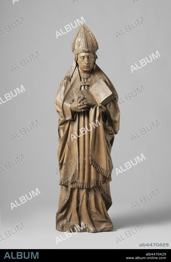 Bishop, Holy bishop is standing with an opened book in the left hand partially hidden under the hood, while some fingers of the right hand are between the pages. Under the miter decorated with diamonds and with ribbons up to the shoulders, two curls appear on the forehead. He wears a bar, amict, albe, dalmatia and choir hood. The latter is closed on the chest and inserted under the right arm. The tripping shoes stand out under the albe., Hendrick Douverman, Nederrijn, c. 1520, oak (wood), h 115 cm × w 36 cm × d 26 cm.