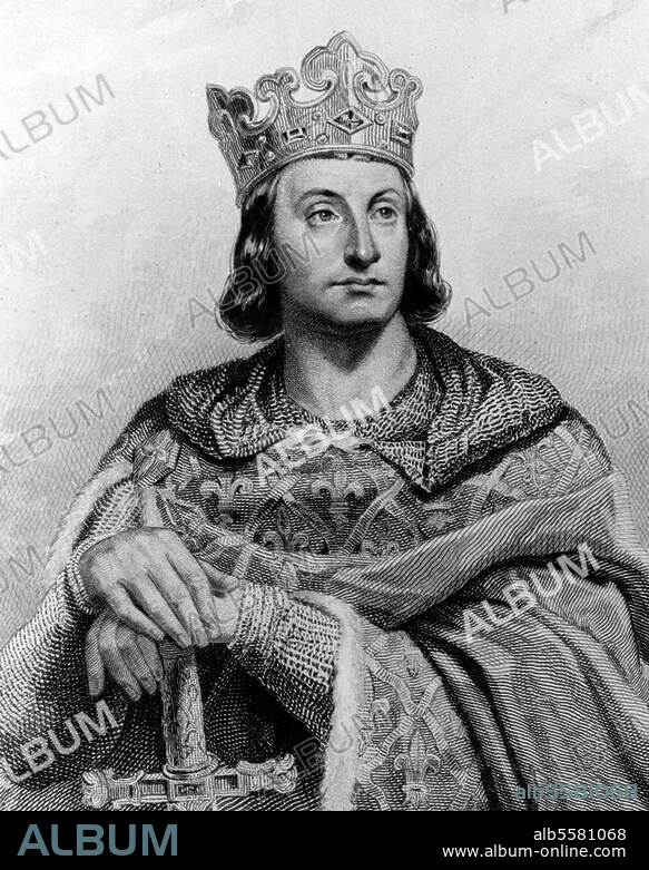 JACQUES ETIENNE PANNIER et LOUIS FELIX AMIEL. Philippe II Auguste, roi de France. (1180-1223) ; Paris 21.8.1165 - Mantes 14.7.1223. Portrait. Grav. sur acier, 1845, Jacques Étienne Pannier (1802-1869) d'ap. peinture de Louis Félix Amiel (1802-1864). In : Ch. Gavard, Galeries Historiques de Versailles.