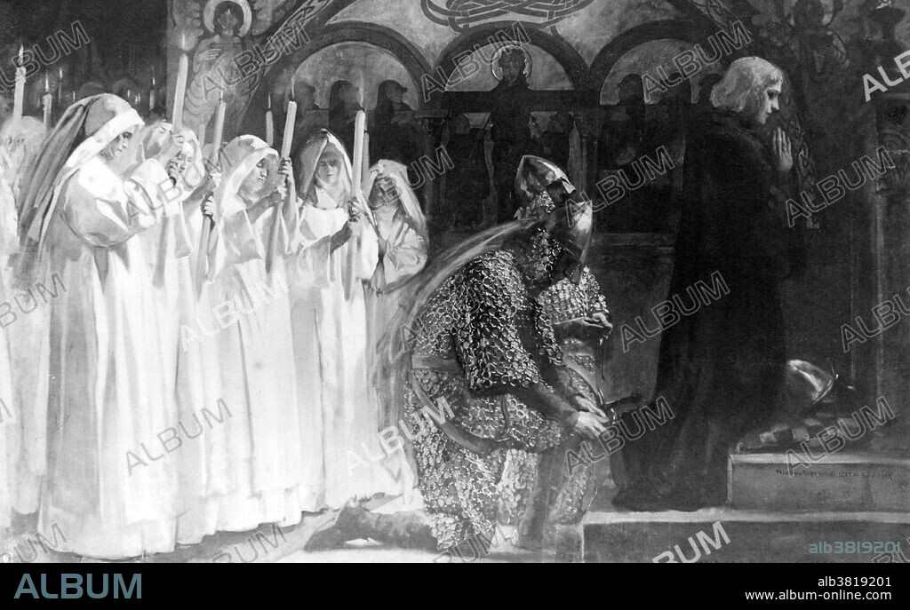 Mural depicting Sir Galahad before an altar, attended by nuns holding candles, as Sir Lancelot and Sir Bors attach his spurs. Sir Galahad, in Arthurian legend, is a knight of King Arthur's Round Table and one of the three achievers of the Holy Grail. He is the illegitimate son of Lancelot and Elaine of Corbenic, and is renowned for his gallantry and purity. All of the Knights of the Round Table set out to find the Grail. Galahad for the most part travels alone, smiting his enemies, rescuing Sir Percival from twenty knights and saving maidens in distress. After many adventures, Sir Galahad presents himself at the court of King Pelles and Eliazar, his son. These men are very holy and they bring Galahad into a room where he is finally allowed to see the Holy Grail. Galahad is asked to take the vessel to the holy city of Sarras. After seeing the grail, Galahad makes request that he may die at the time of his choosing. He is visited by Joseph of Arimathea, and thus experiences such glorious rapture that he makes his request to die. Angels take Galahad to heaven; an ascension witnessed by Sir Bors and Perceval. While it is not explicit that The Holy Grail is never to be seen again on earth, it is stated (in Le Morte D'Arthur) that there has since then been no knight capable of obtaining the Sangraal. Mural created by Edwin Austin Abbey, 1902.