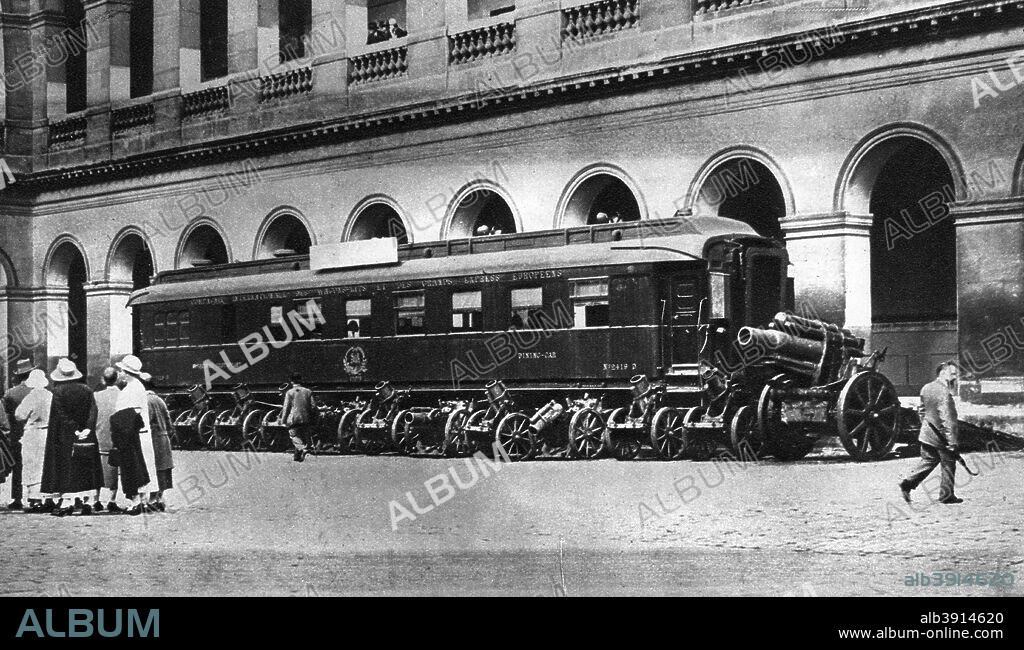 Railway carriage in which the Armistice ending World War I was signed, c1918 (1935). The Armistice was signed in the carriage, which was the personal carriage of Allied Commander Marshal Ferdinand Foch, at Compiegne, France, on 11 November 1918. In 1940 Hitler humiliated the French by using the same carriage as the location for the signing of their surrender to Nazi Germany. A print from King Emperor's Jubilee, 1910-1935, by FGH Salusbury, Daily Express Publications, London, 1935.
