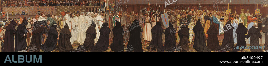 JAN VAN BEERS. Les funérailles de Charles le Bon, comte de Flandre, célébrées à Bruges le 22 avril 1127, between 1876 and 1877. Funeral of Charles the Good, Bruges, 22 April 1127. Dignitaries, nobles, peasants, soldiers, crusaders and ecclesiastics flock to pay a final tribute to the Count of Flanders. In the foreground, kneeling monks pray for the deceased.