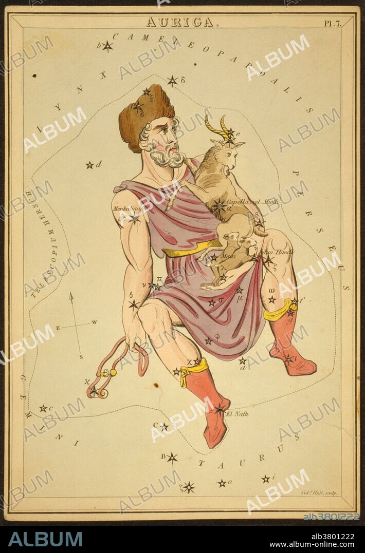Astronomical chart showing Auriga the Charioteer holding a ram, two ewes, and a bridle forming the constellation. Auriga is one of the 48 constellations listed by the 2nd century astronomer Ptolemy and remains one of the 88 modern constellations defined by the International Astronomical Union. Located north of the celestial equator, its name is the Latin word for charioteer, associating it with various mythological charioteers including Erichthonius and Myrtilus. Auriga is most prominent during winter evenings in the Northern Hemisphere, along with the five other constellations that have stars in the Winter Hexagon asterism. In Chinese mythology, Auriga's stars were incorporated into several constellations, including the celestial emperors' chariots, made up of the modern constellation's brightest stars. Urania's Mirror is a boxed set of 32 constellation cards first published by Samuel Leigh of the Strand, London, in or shortly before 1825. An unidentified lady, referred to by her nom-de-plume, Jehoshaphat Aspin, designed these whimsical astronomy cards. The engraver was Sidney Hall.