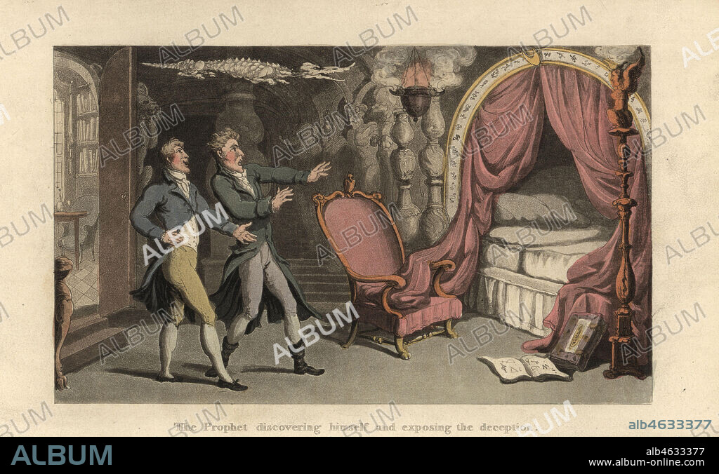 A fortune teller reveals his scam to an old friend, 18th century. The somniloquists room is decorated with a crocodile skin, Egyptian figures, occult books and incense burners. The Prophet discovering himself and exposing the deception. Handcoloured copperplate engraving after an illustration by Thomas Rowlandson from Journal of Sentimental Travels in the Southern Provinces of France, translated and abridged from Moritz August von Thummels Reise in die mittäglichen Provinzen van Frankreich im Jahre 17851786, Rudolph Ackermann, London, 1821.