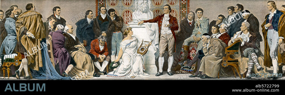 Goethe, Johann Wolfgang von; 1749-1832. "Weimar 1803" (Goethe, middle, with the Humboldt brothers, Wieland, Niebuhr, Schleiermacher, Herder, Gauß, W. von Schlegel, Iffland, Schiller, Klinger, Tieck, Jean Paul, Pestalozzi etc. Print, later colouring, after the painting, 1884, by Otto Knille (1832-98), form. Berlin, Universitätsbibliothek.