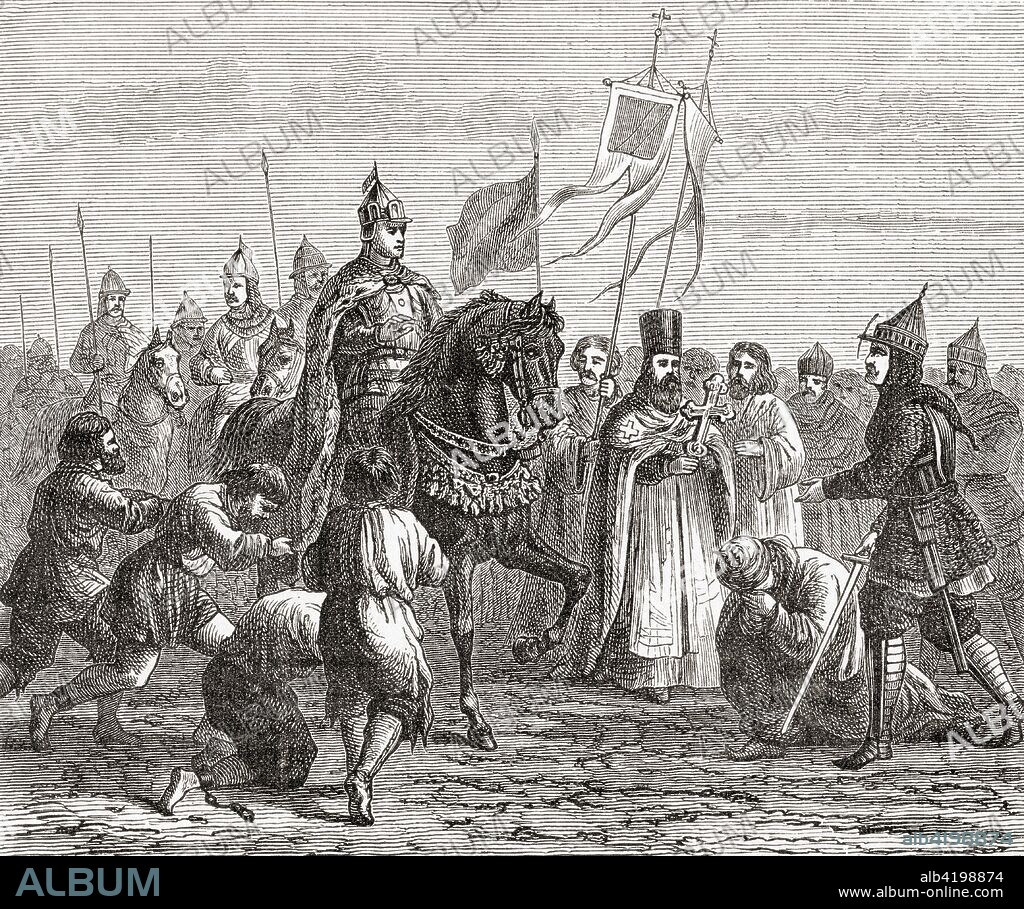 Ivan the Terrible entering Kazan in 1552.  Ivan IV Vasilyevich, 1530 - 1584, aka Ivan the Terrible or Ivan the Fearsome.  Grand Prince of Moscow from 1533 to 1547, then 'Tsar of All the Russias' until his death in 1584.  From Ward and Lock's Illustrated History of the World, published c.1882.